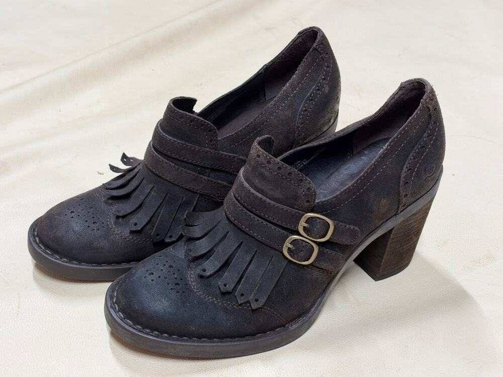 Børn F34723 Womens Fringe Kiltie Monk Strap Heeled Booties Brown Hazel Boot 8.5
